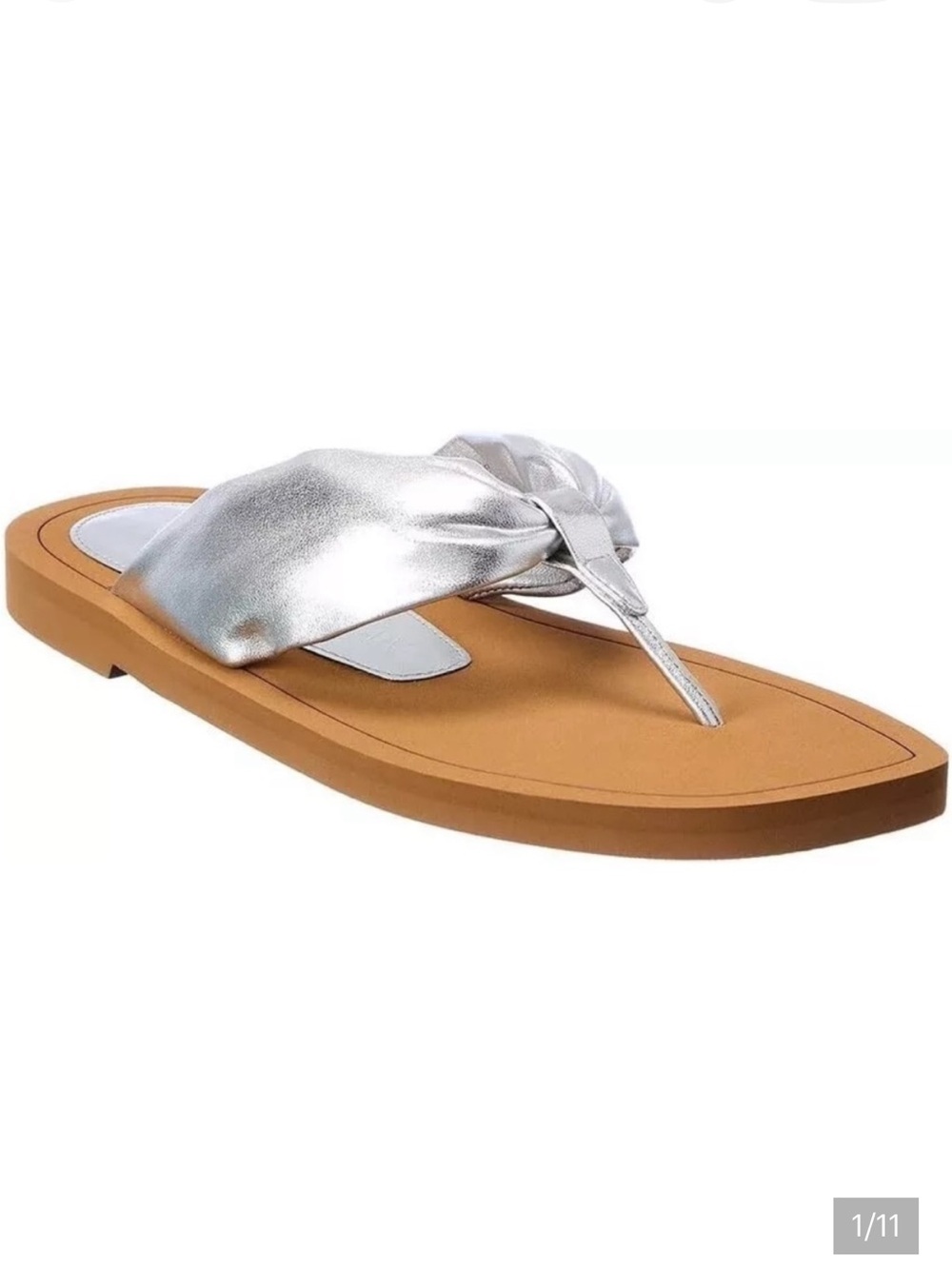 Stuart Weitzman Cassie Leather Soft Thong Sandal Flip Flop Slip-On Silver Tan 6B